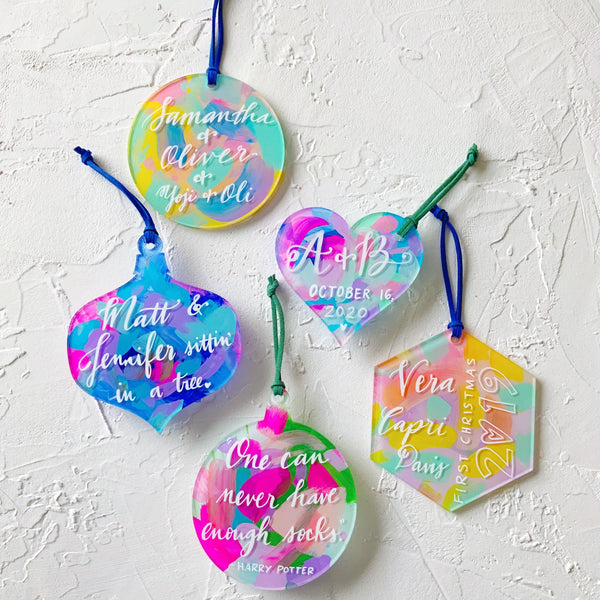 custom calligraphy christmas ornament hand painted abstract rainbow watercolor 