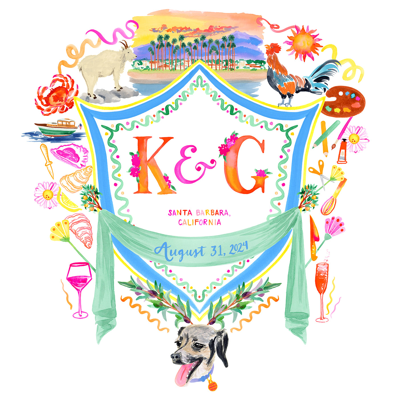 santa barbara wedding watercolor crest save the date fun invitations colorful whimsical monogram modern pet portrait bride groom stationery